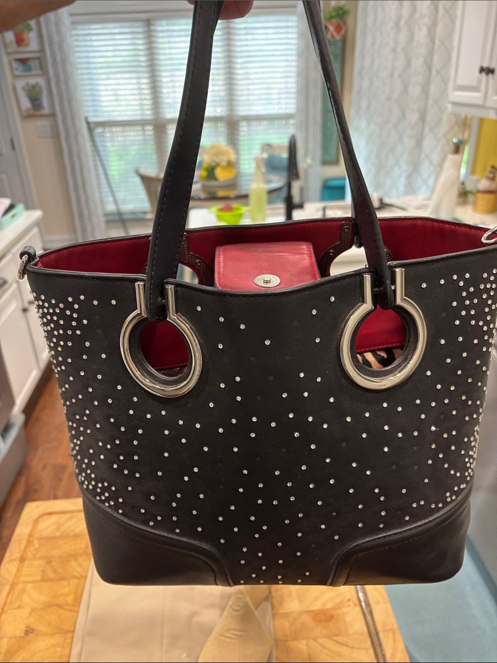 SHARIF Black Stud-Embellished Tote Bag with Top Handles W COSMETIC BAG
